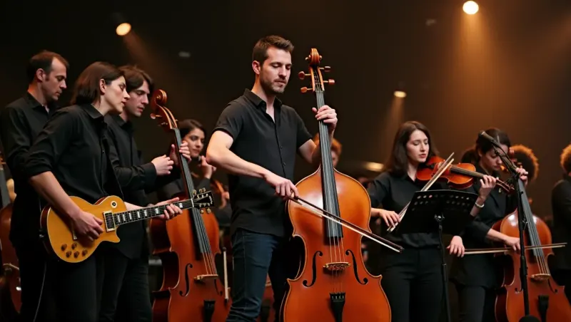 Musicians dressed in black performing on stage with double bass, cellos, violins and an electric guitar