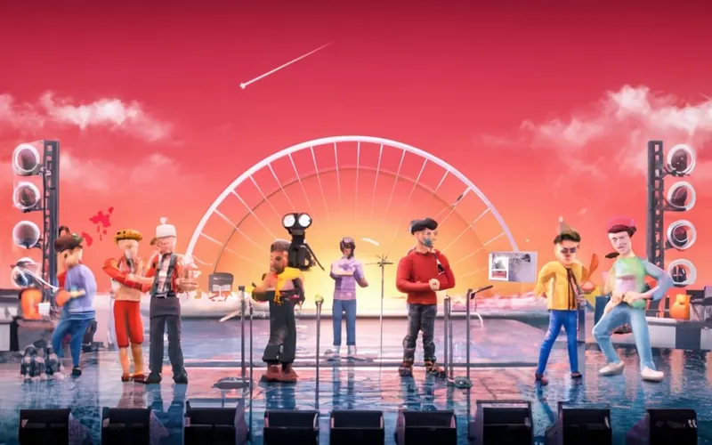 Illustration of a crowd at an outdoor stage under a red sky
