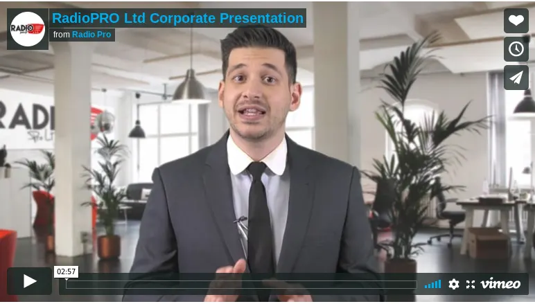 Video still from the RadioPRO Ltd corporate presentation, showing a presenter in a suit