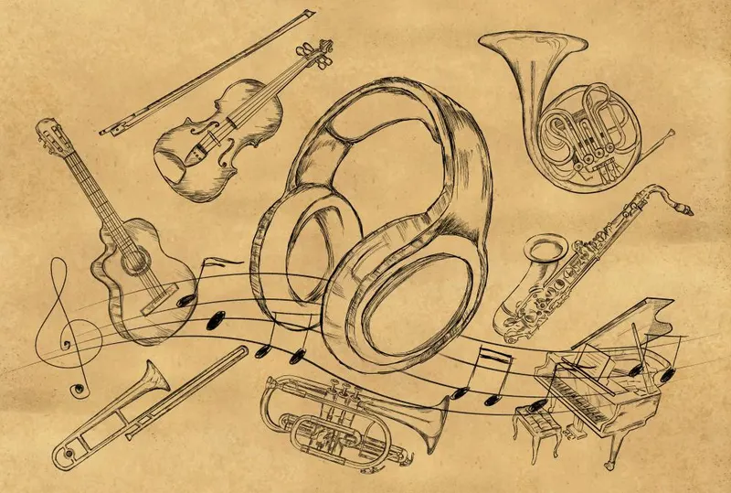 Line drawing of musical instruments and headphones on an aged paper background