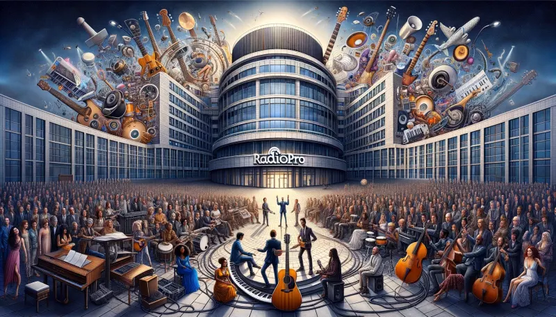 Illustration of a crowd gathered outside a large building, with musical instruments overhead