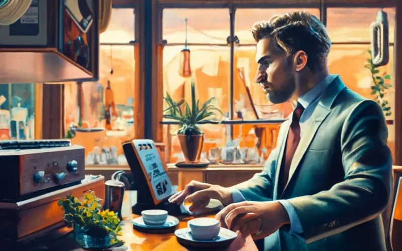 Illustration of a man working on a laptop in a cafe