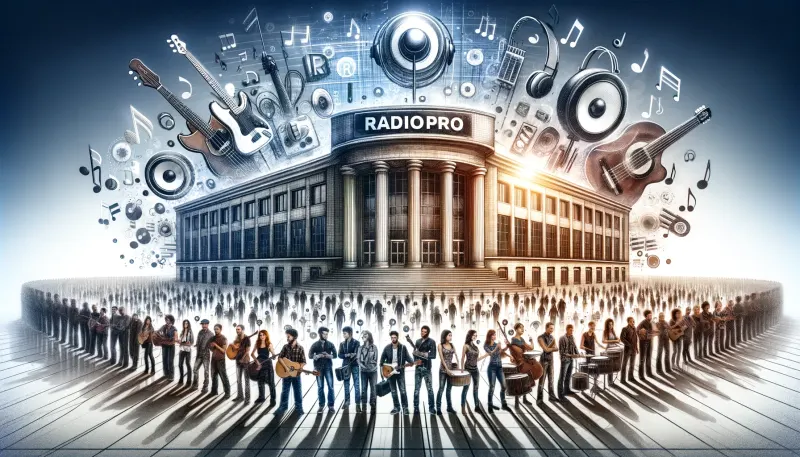 Illustration of the RadioPRO building with a crowd outside and music symbols overhead