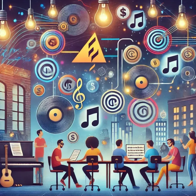 Illustration of people working around a table surrounded by music and idea icons